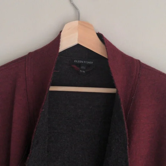 Eileen Fisher Burgundy/Gray Long Wool Moto Sweater Cardigan Jacket - Picture 4 of 7